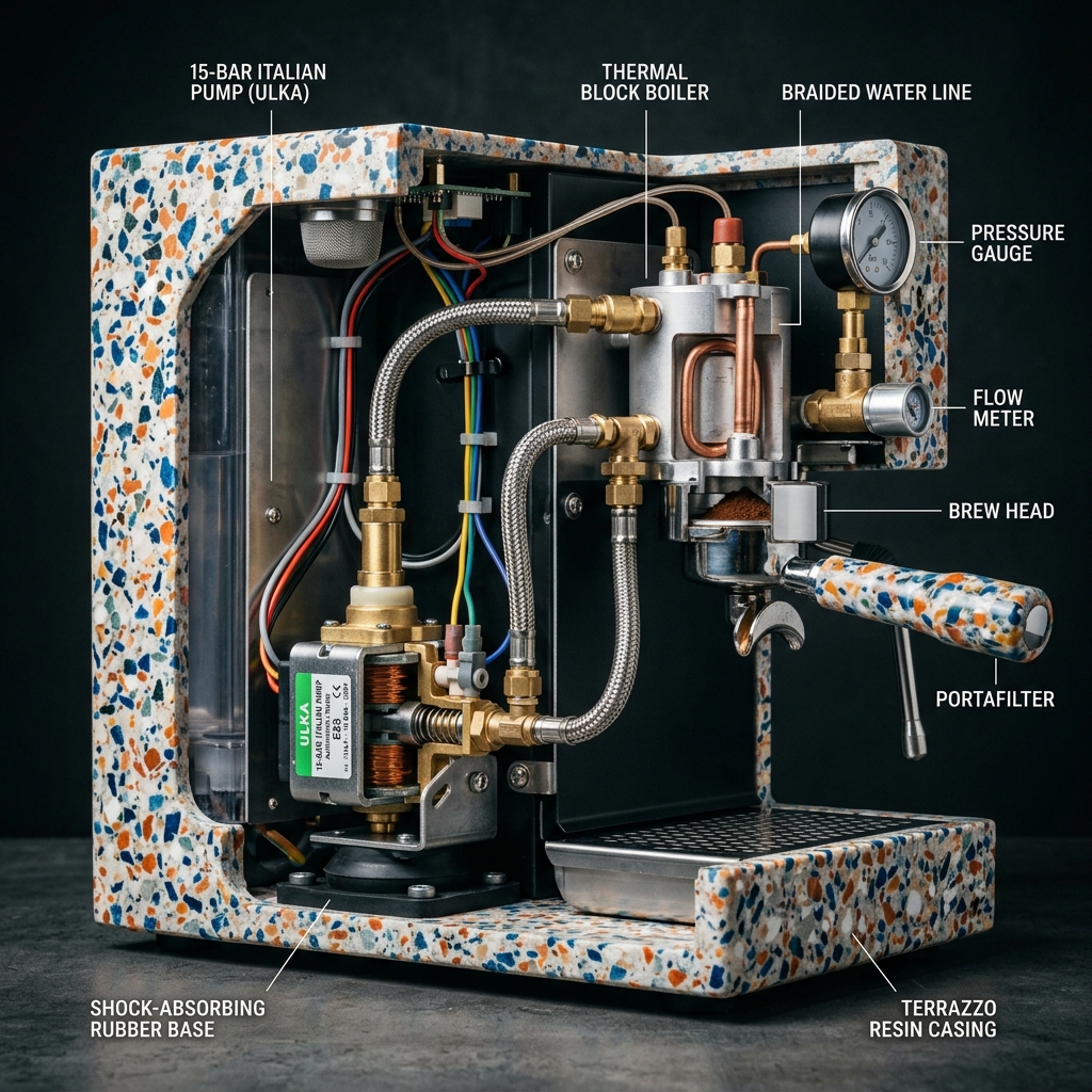 Cutaway view of the CONFETTO revealing a 15-bar Italian pump inside the terrazzo resin body