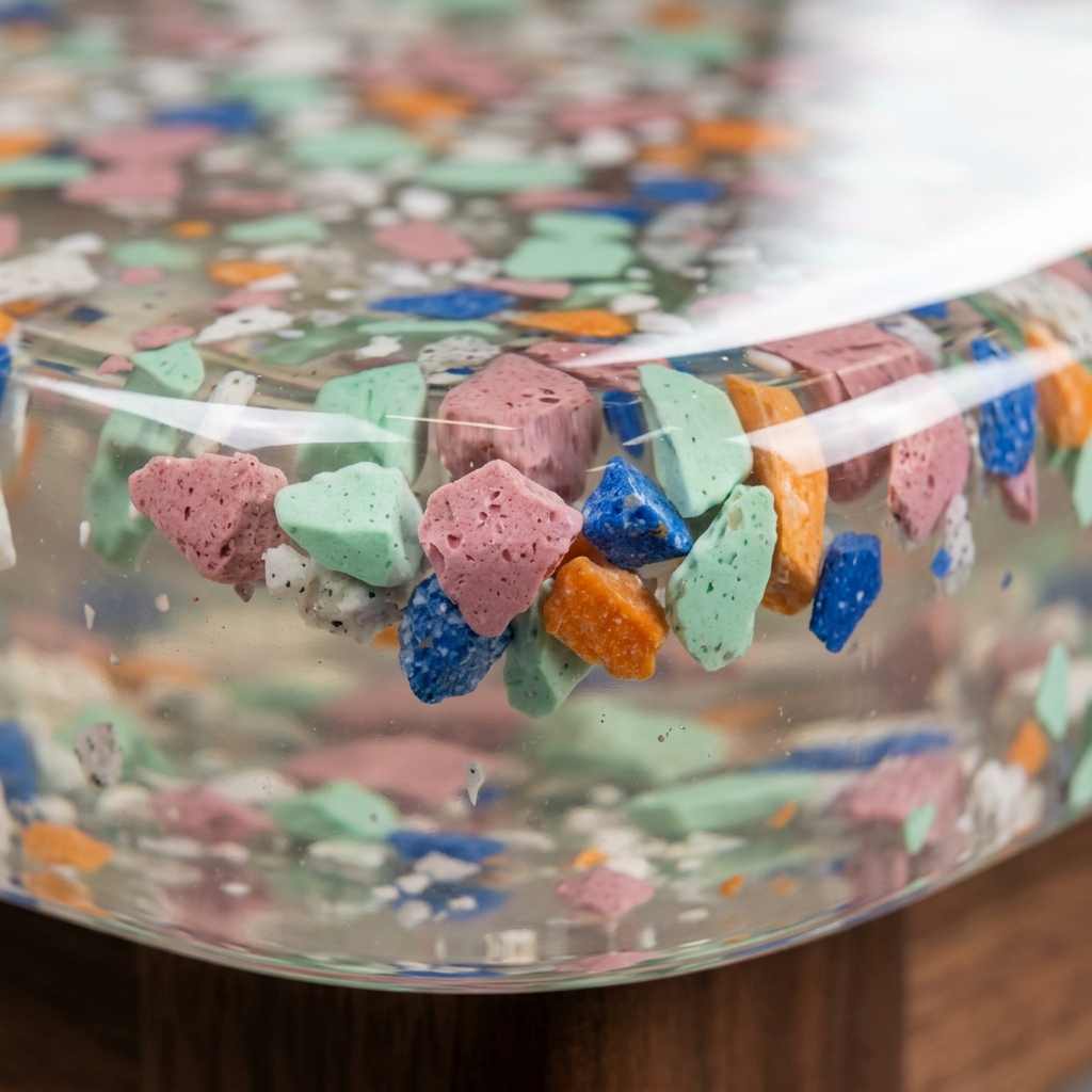 Macro detail of hand-poured terrazzo resin surface showing embedded chips at different depths