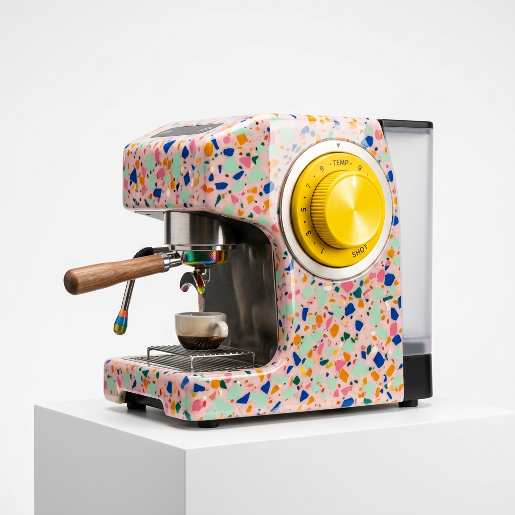 CONFETTO espresso machine in Gelato colorway — pink terrazzo resin body with yellow dial, on a white plinth