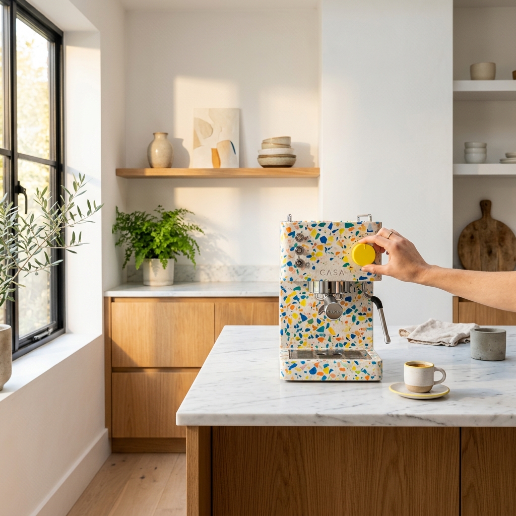 CONFETTO espresso machine on a marble counter in a sunlit minimal kitchen