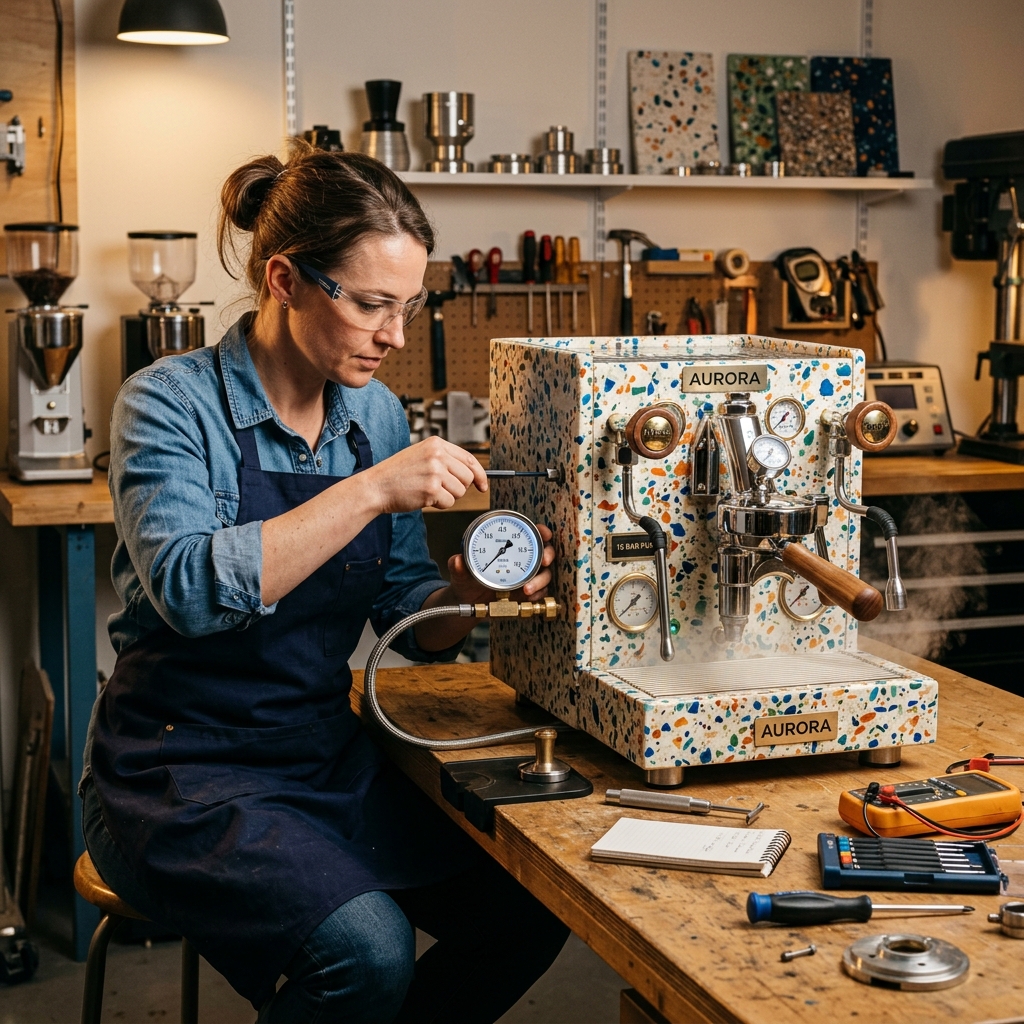 Technician calibrating a CONFETTO espresso machine with precision instruments