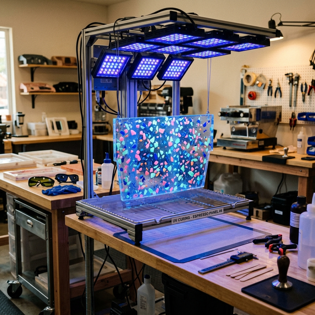 Terrazzo resin espresso machine panel curing under UV light