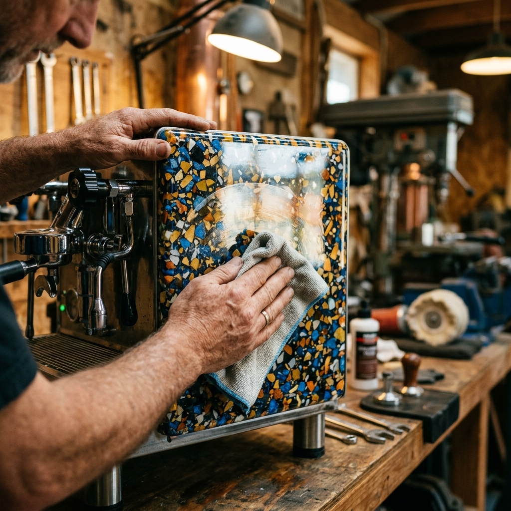 Hands polishing a terrazzo resin espresso machine panel to a mirror-like finish