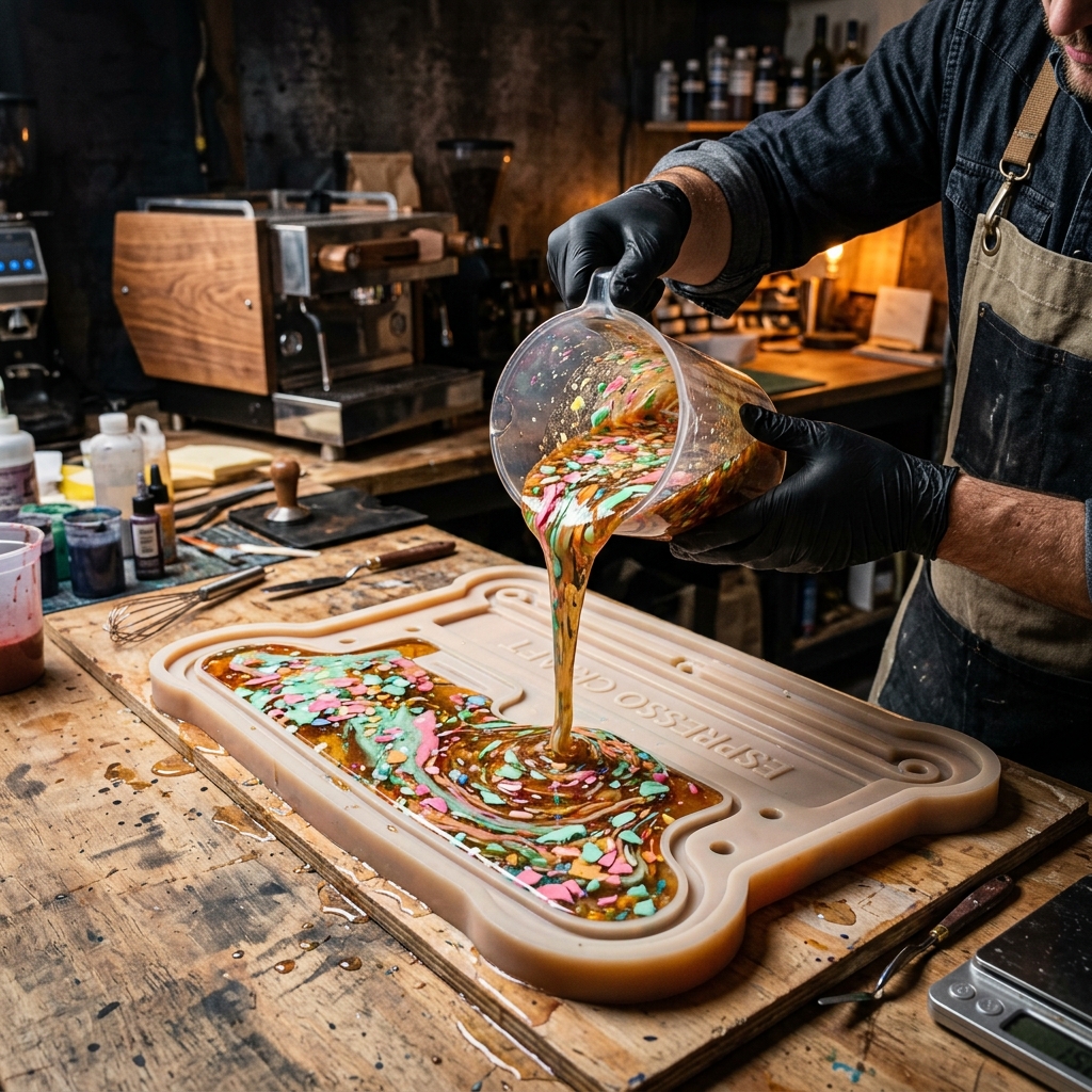Artisan pouring liquid resin mixed with colorful terrazzo chips into an espresso machine body mold